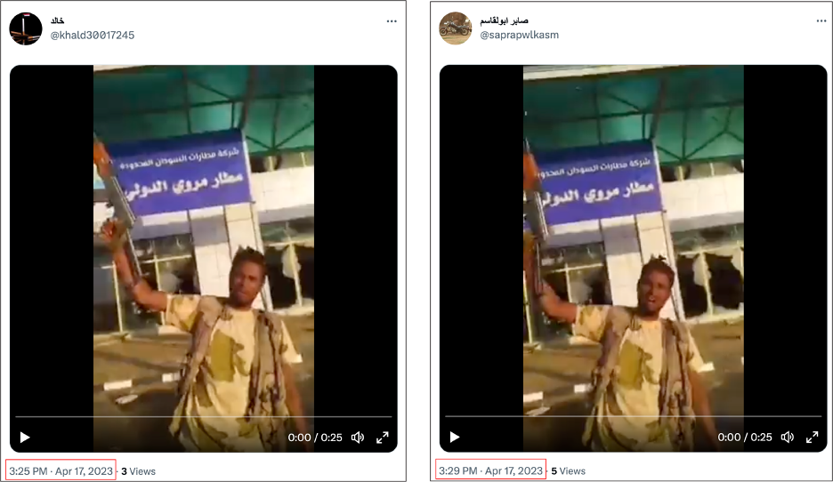 Screenshots of two accounts that shared the same shortened version of a video originally posted by the RSF within four minutes. (Source: @khald30017245/archive, left; @saprapwlkasm/archive, right)