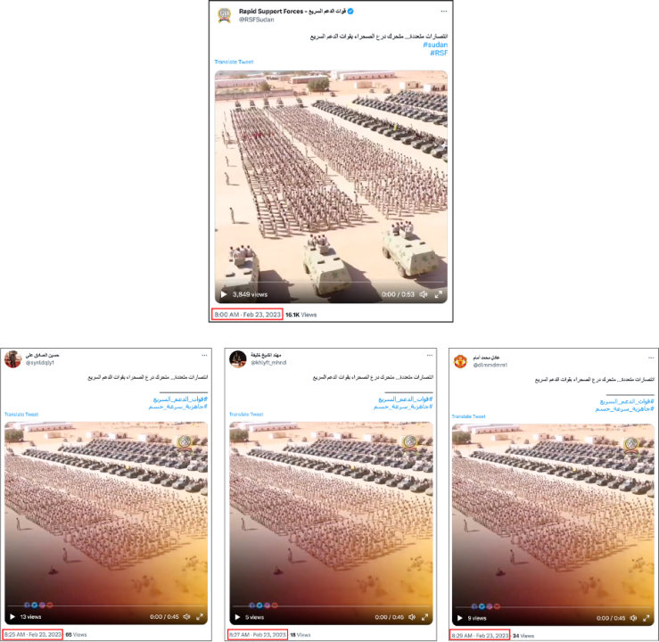 Screenshots of three accounts (bottom) that copied an RSF tweet (top), changing the hashtags and posting the video within four minutes of one another. Tweet timestamps in Central Africa Time. (Source: @RSFSudan/archive, top; @synldqly1/archive, bottom left; @khlyft_mhnd/archive, bottom center; @dlmmdmm1/archive, bottom right)
