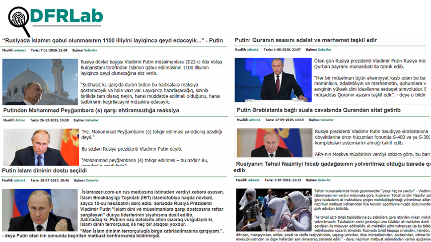 Screencaptures of articles on Ahlibeyt.ge portraying Putin as a supporter of Islam. 