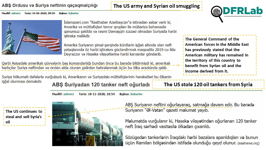 Screenshots of articles promoting pro-Kremlin disinformation that the US was stealing oil from Syria. 