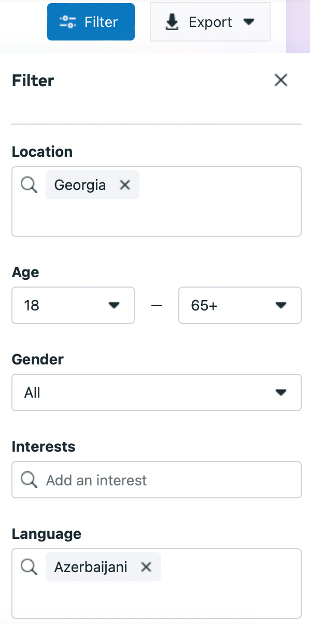 Screengrab showing the filter applied to the “Potential Audience” section in the Meta Business Suite to narrow down search results to a Facebook audience comprising accounts whose location is Georgia and who speak the Azerbaijani language. 