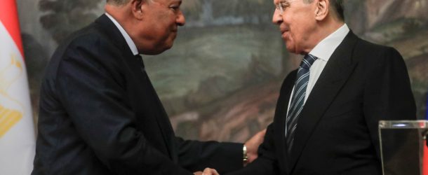 Russian Foreign Minister Sergei Lavrov and Egyptian Foreign Minister Sameh Shoukry shake hands during a news conference following their talks in Moscow, Russia, January 31, 2023. (Source: Maxim Shipenkov/Pool via REUTERS)