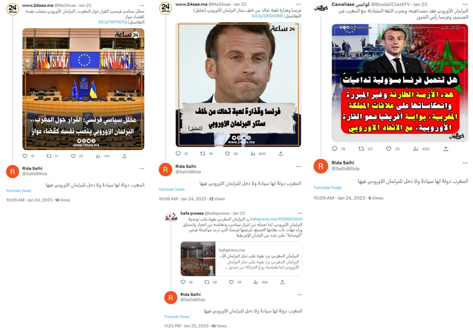 Screen captures show identical replies from @Salhi8Rida to 24saa, Cawalisee, and Kafapresse. 