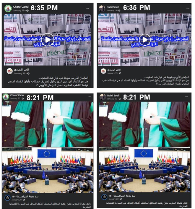 Screen captures show two Facebook accounts sharing the same posts in the same minute on January 19 and January 20, 2023. 