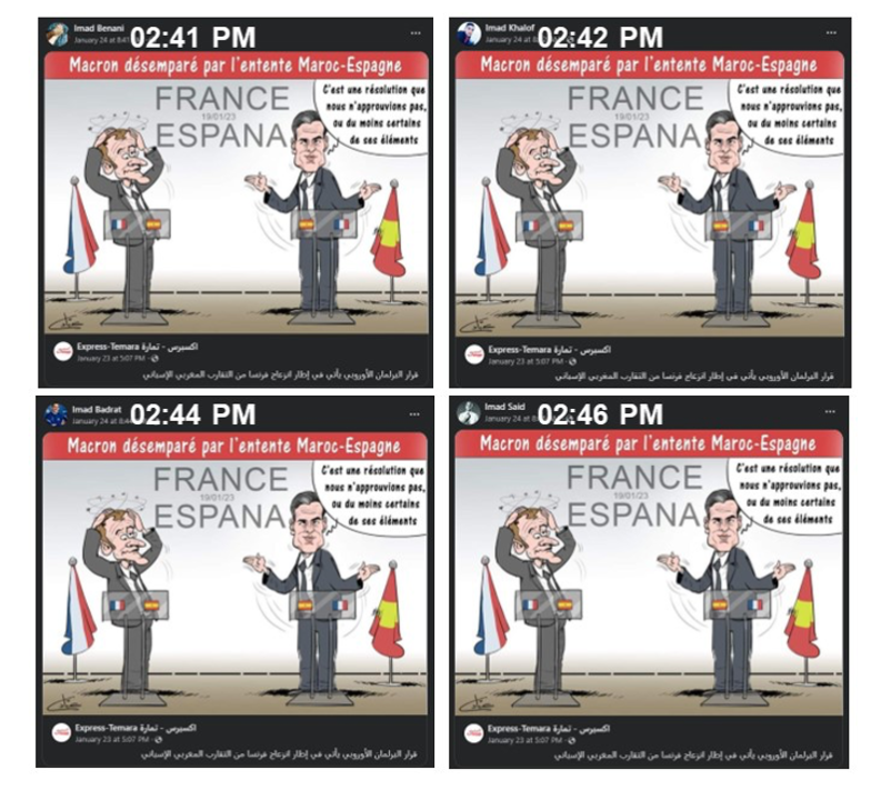 Screen capture shows four Facebook accounts with the same first name sharing the same cartoon mocking Macron minutes apart on January 24, 2023. 