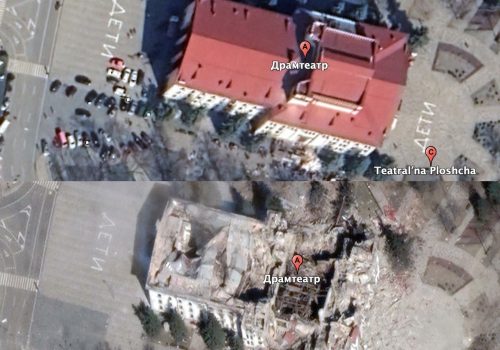 Satellite imagery showing the Mariupol Dramteatr before and after the March 2022 attack. More than 600 people sheltering in the theatre died when Russia bombed the building. (Source: Google Earth)