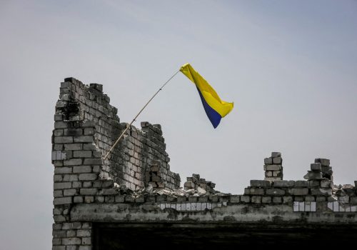 A Ukrainian national flag is seen, amid Russia's attack on Ukraine, near the front line in the newly liberated village Neskuchne in Donetsk region, Ukraine June 13, 2023. REUTERS/Oleksandr Ratushniak TPX IMAGES OF THE DAY