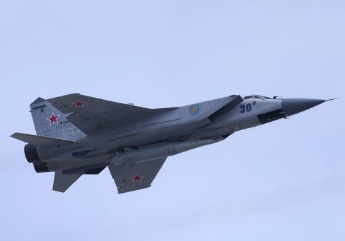 BANNER: A Russian MiG-31 fighter jet equipped with a Kinzhal hypersonic missile flies over Moscow's Red Square during a rehearsal for a flyover, part of an annual military parade marking the anniversary of the victory over Nazi Germany, May 7, 2022. (Source: Reuters/Maxim Shemetov)