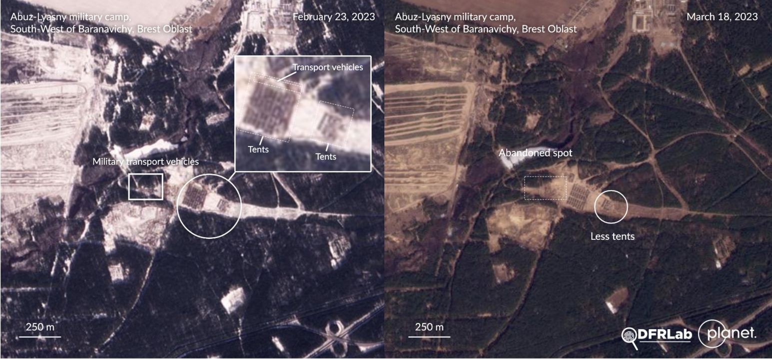 Maps geolocating military ground forces on rotation at Abuz-Lyasny military camp, near Baranavichy. On the left, in circles, are locations of Russian and Belarusian soldier tents as of February 23, while the squares highlight military transport vehicles. On the right, in circles, is the same location on March 18, though this time fewer tents are visible; squares represent previous locations of military transport vehicles. (Source: DFRLab via Planet)