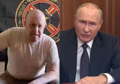 Yevgeny Prigozhin speaks on June 23, 2023. Right: Vladimir Putin's address on February 24, 2022.