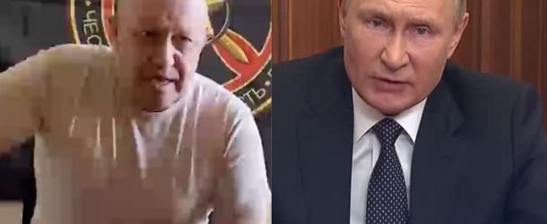 Yevgeny Prigozhin speaks on June 23, 2023. Right: Vladimir Putin's address on February 24, 2022.