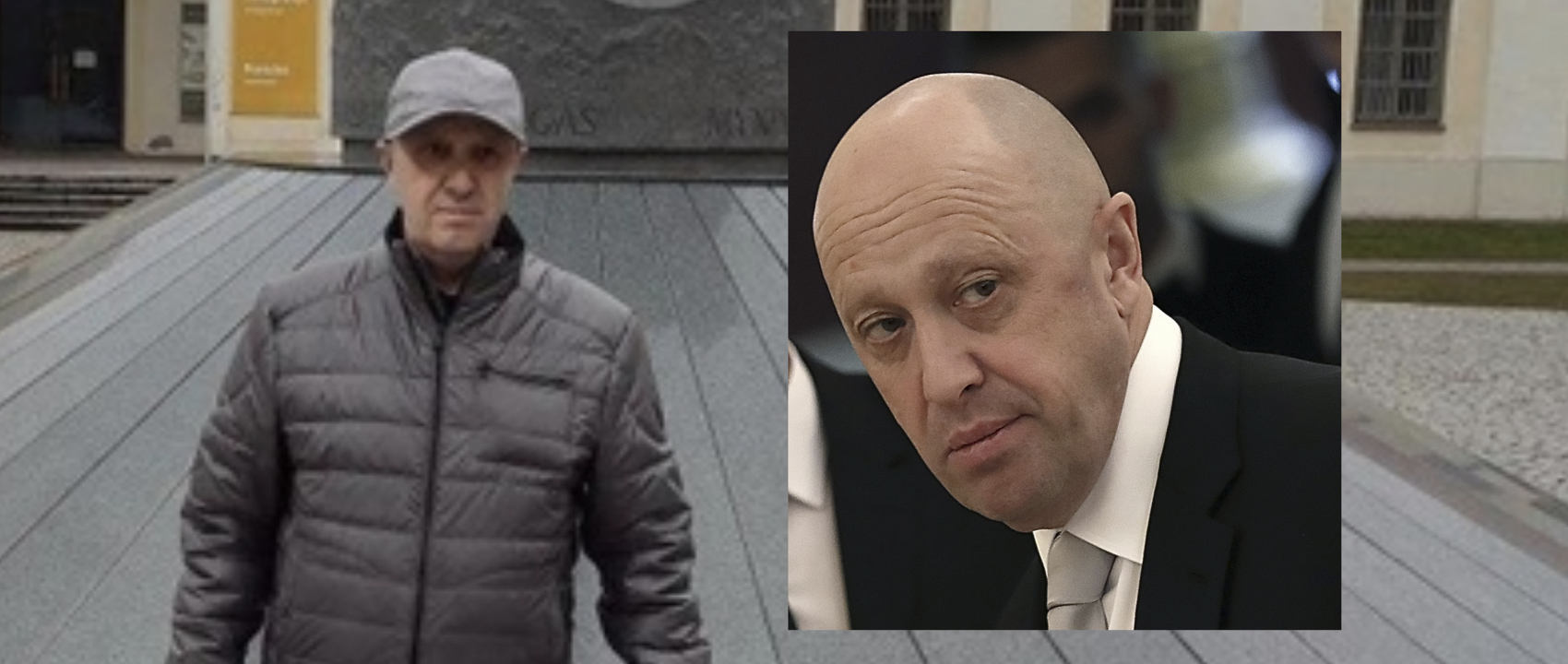 Left: Prigozhin impersonator photographed in front of the Lithuanian National Museum, one of several images of the impersonator distributed by Russian media. Right: file photo of Evgeny Prighozin at the Kremlin, July 4, 2017. (Sources: Delovaya Gazeta and REUTERS/Sergei Ilnitsky/Pool)