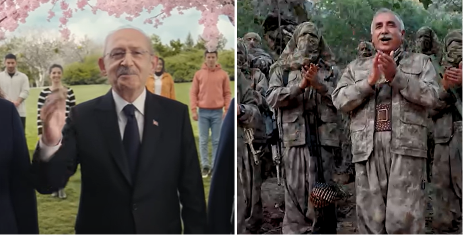 Composite showing screengrabs from Kılıçdaroğlu’s official campaign video (left) and the footage of Karayilan circa 2021 (right). (Source: @kemalKılıçdaroğlu, left; ANF News/archive, right)