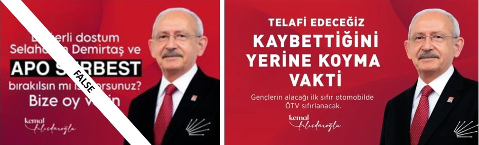 Comparison of the manipulated advertisement (left) and the original (right). The manipulated version was made to look like presidential candidate Kemal Kılıçdaroğlu had pledged to release Abdullah Öcalan, the jailed head of the PKK. (Source: @Muhammetyszz/archive, left; Gazete DuvaR./archive, right)