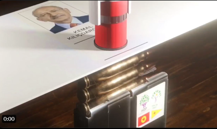 Screengrab from a video depicting each vote for Kılıçdaroğlu turning into a bullet, under logos of Kurdish People’s Democratic Party (HDP), Green Left Party, Kurdistan Workers’ Party (PKK), People’s Defense Units (YPG). (Source: @DerbiHaberTR/archive)