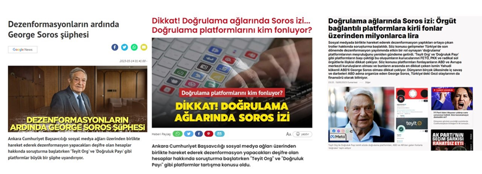 Composite of screengrabs showing headlines and reports targeting independent fact-checkers in Turkey. (Source: Yeni Akit/archive, left; Aksam/archive, middle; Yeni Safak/archive, right)