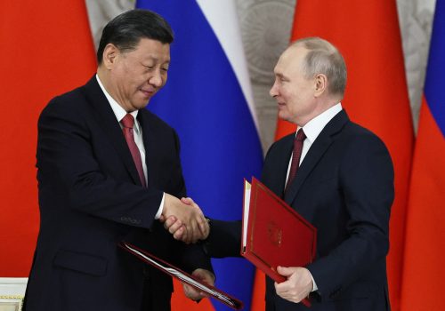 Russian President Vladimir Putin shakes hands with Chinese President Xi Jinping during a signing ceremony following their talks at the Kremlin in Moscow, Russia March 21, 2023. Sputnik/Mikhail Tereshchenko/Pool via REUTERS