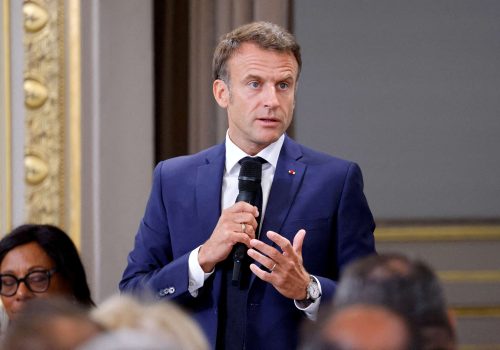 FILE PHOTO: France's President Emmanuel Macron addresses mayors of cities affected by the violent clashes that erupted after a teen was shot dead by police last week, during a meeting at the presidential Elysee Palace in Paris, France on July 4, 2023. LUDOVIC MARIN/Pool via REUTERS//File Photo