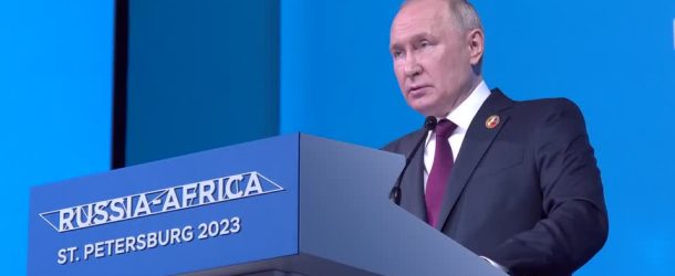 SCREENCAP: RUSSIAN PRESIDENT VLADIMIR PUTIN SPEAKS AT RUSSIA-AFRICA FORUM AT ST. PETERSBURG, SAYING RUSSIA IS READY TO USE REGIONAL CURRENCIES FOR SETTLEMENTS WITH AFRICAN COUNTRIES