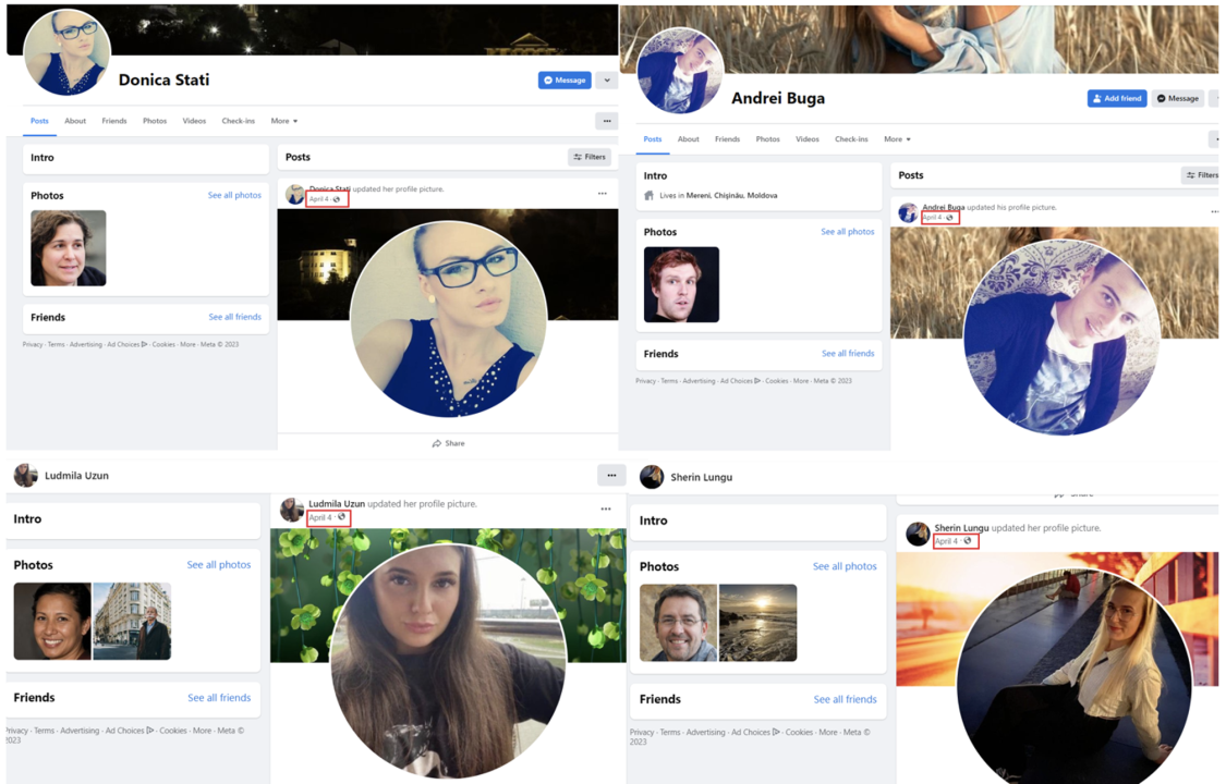 Screencaps of some of the suspicious Facebook accounts that all updated their profile picture on April 4, 2023.