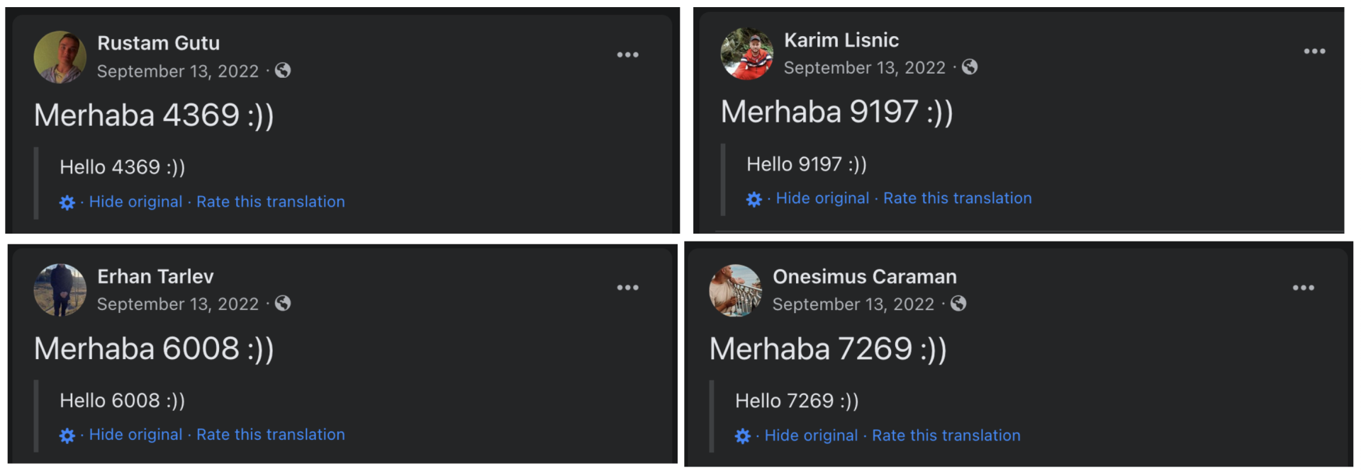 Screenshots of highly similar posts across four of the accounts in the network, all of which say the word “Merhaba,” a four-digit number, and an emoticon smiley face. All of the accounts also had previous profile photos seemingly of a person of the opposite gender. 
