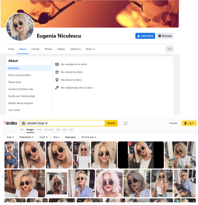 Comparison of the Facebook profile for “Eugenia Niculescu” (top, now no longer accessible) and the results of a reverse image search on Yandex (bottom), showing that the profile photo was repurposed from London-based fashion influencer Laura Jade Stone. 