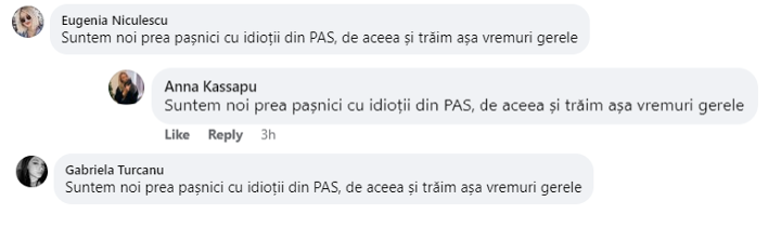 Screencaps showing copypasta comments from different Facebook accounts, both of which say (translated from Romanian) “We are too peaceful with idiots from PAS; that’s why we live such hard times.” (Source: Facebook)