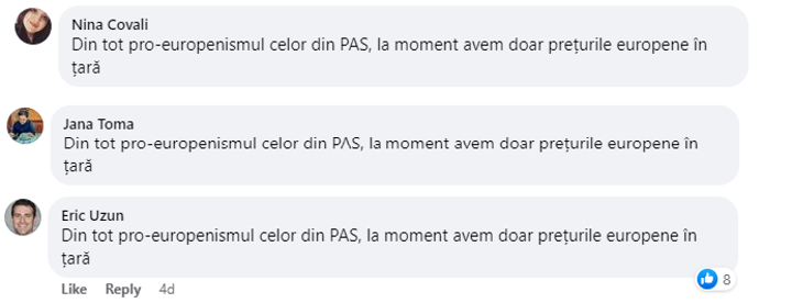 Screenshots of copypasta comments from three different accounts (one of which posted the same message twice) saying “All we get from PAS's pro-European stance are European prices.” (Source: Facebook)