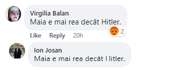 Screenshots of copypasta comments from two different accounts claiming that President Sandu is “worse than Hitler.”