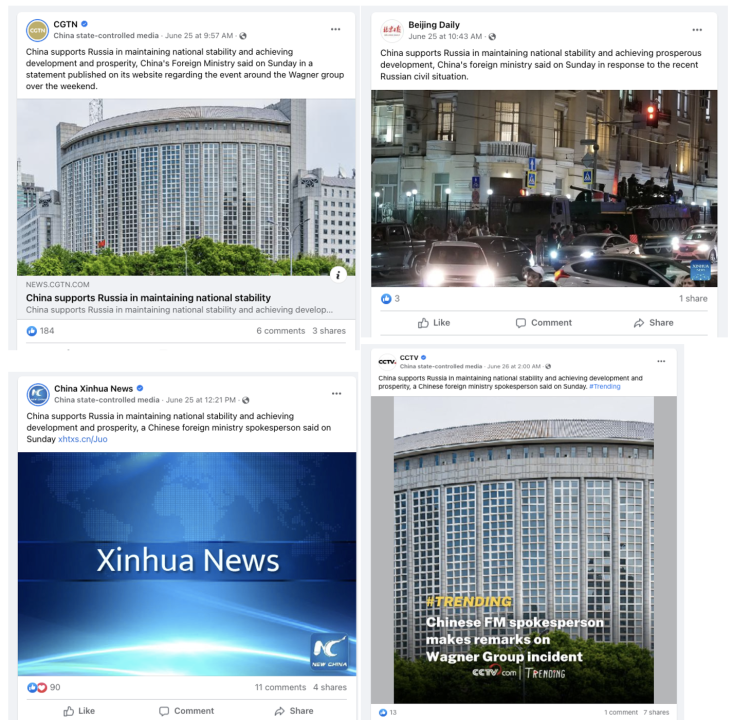 Chinese state-controlled media posts on Facebook mirroring the language of the MFA on the Wagner mutiny. 