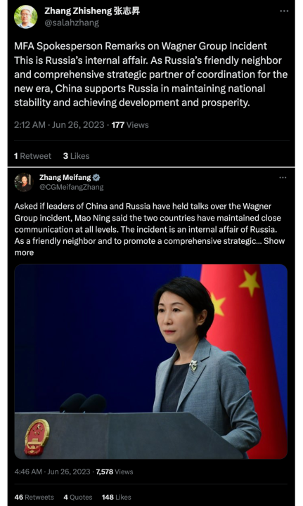 Sample tweets from Chinese MFA officials emphasizing the official Chinese government line that the Wagner mutiny was Russia’s “internal affair” and that China supported Russia’s efforts at “national unity.” 