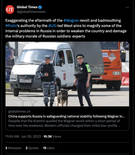 Tweet from the account of the state-controlled outlet Global Times, mirroring Putin’s earlier language about external forces magnifying internal issues to weaken the country.  