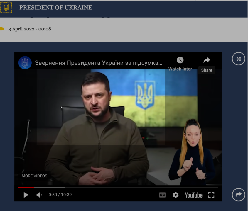 Screenshot of Zelenskyy's April 3 video address, highlighting the approximate image cropping in Ter-Yesayan's manipulated post. 