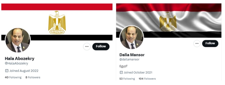 Screencaps showing two accounts with the same avatar - a picture of the Egyptian president - and similar cover photos. 
