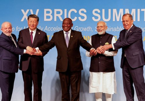 President of Brazil Luiz Inacio Lula da Silva, President of China Xi Jinping, South African President Cyril Ramaphosa, Prime Minister of India Narendra Modi and Russia's Foreign Minister Sergei Lavrov pose for a BRICS family photo during the 2023 BRICS Summit at the Sandton Convention Centre in Johannesburg, South Africa, on August 23, 2023. (Source: Gianluigi Guercia/Pool via Reuters/File Photo)