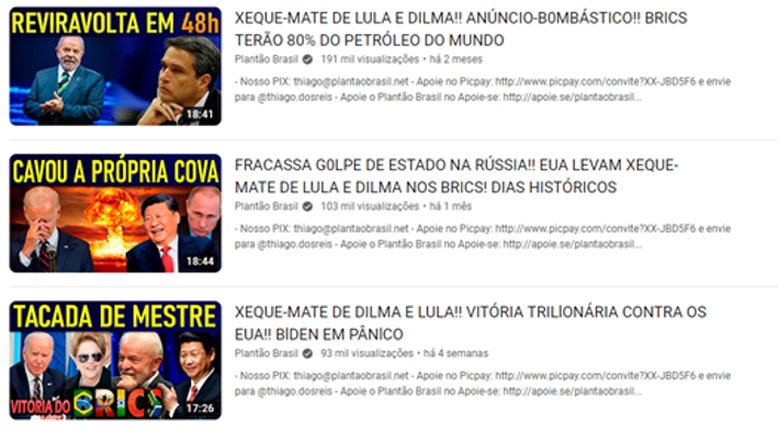 Screenshot of a list of videos published to Plantão Brasil’s YouTube channel about the BRICS and waning US hegemony.