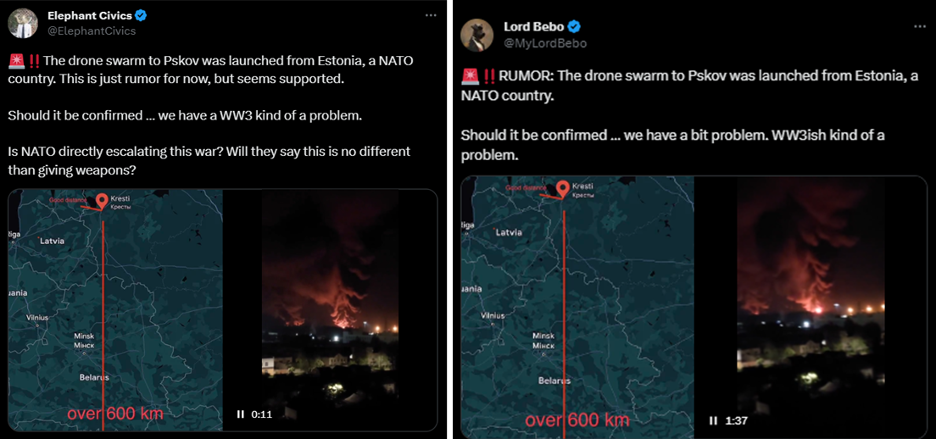 Screencaps of Twitter posts that use the same map graphic and similar text. 