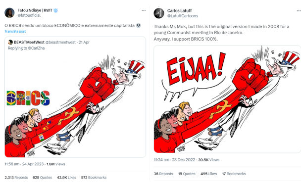 Screencap of a tweet that included a cartoon portraying Brazil, Russia, India, China, and South Africa punching Uncle Sam, alongside tht of a tweet from Brazilian political cartoonist Carlos Latuff explaining he had created the image in 2008 for a communist event in Rio de Janeiro. 