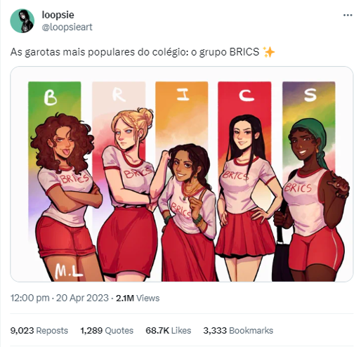 Screencap of a tweet from Brazilian artist Loopsie including a cartoon portraying the BRICS countries as a group of popular teenagers. The tweet was the most engaged-with tweet in Portuguese within the dataset. 
