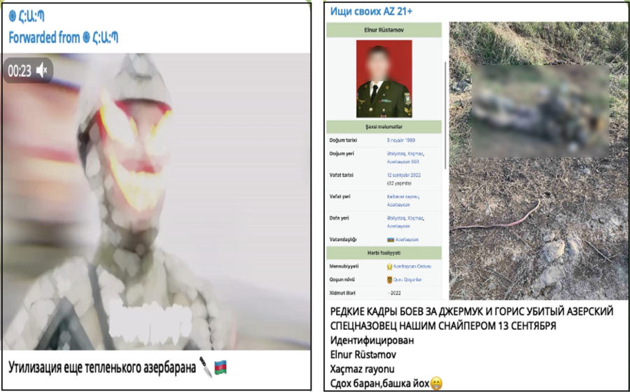 A compilation of screencaps of graphic Telegram posts using variants of the word “sheep” and celebrating the mutilation and killing of Azerbaijani soldiers; the image on the left includes emojis of a kitchen knife and the Azerbaijan flag. Images blurred due to their graphic nature. (Source: ֍ Հ:Ա:Պ, left; 𝐻𝑎𝑦 𝑍𝑒𝑛𝑞, right)
