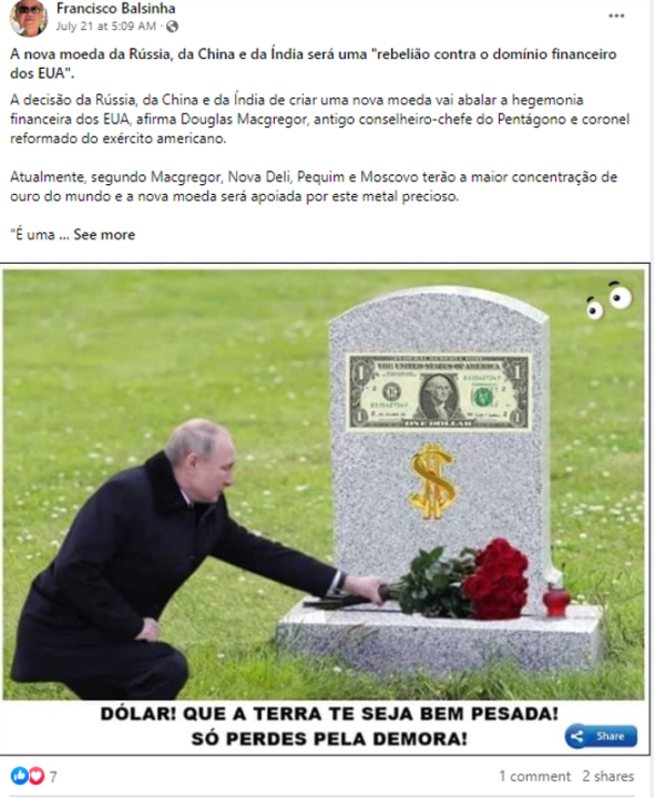 Screenshot of a post to the Camaradas Facebook page that included a meme showing Putin placing flowers at the grave of the US dollar.