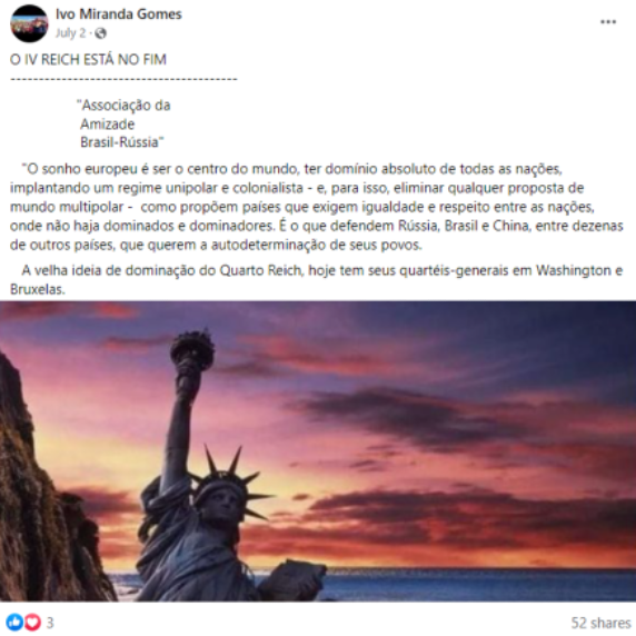 Screenshot of a Facebook post including text attributed to the Brazil-Russia Friendship Association. The post was shared at least fifty-two times on Facebook. 