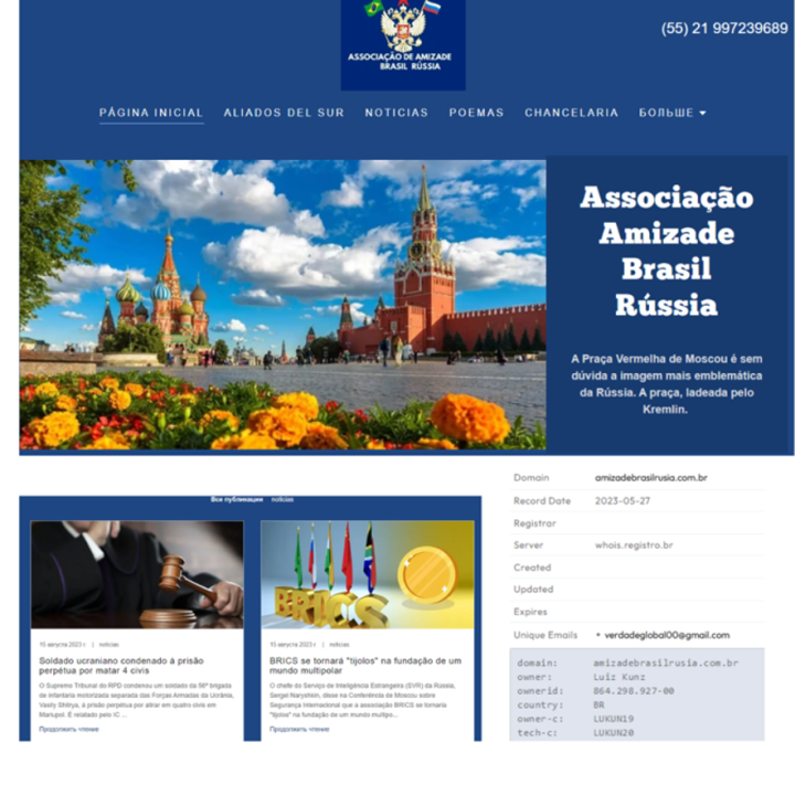 Screenshot of the Brazil-Russia Friendship Association´s website, which publishes news about the BRICS. At bottom right are details of the website domain. 