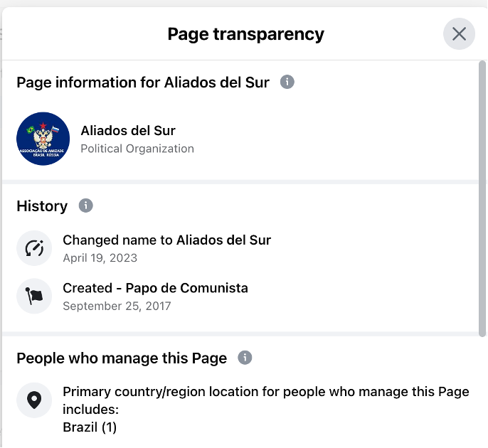Screenshot of the Page Transparency data for the Brazil-Russia Friendship Association Facebook page.