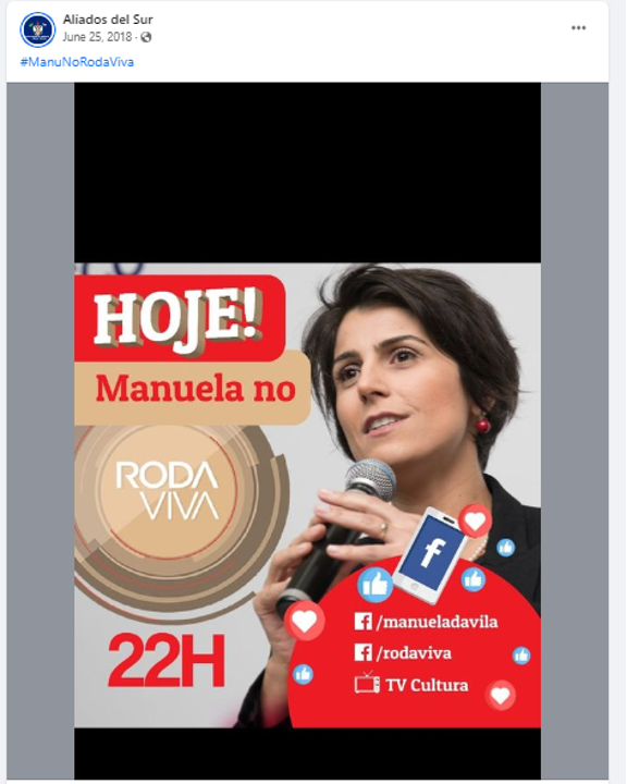 Screenshot of a post published by the Aliados del Sur Facebook page on June 25, 2018, showing the Brazilian politician Manuela D'Ávila, who is affiliated with the PCdoB. 