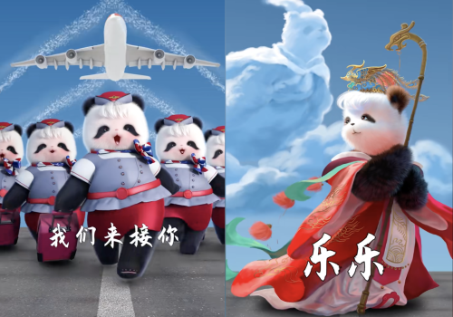 Screencaps of a viral Douyin video of animated panda flight attendants welcoming Ya Ya’s arrival with the song, “Ya Ya Come Home.”