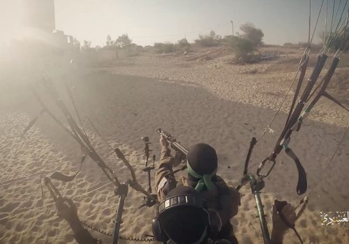 Hamas's al-Qassam Brigades train with paragliders as they prepare for an armed air assault, in this screengrab obtained from a social media video released on October 7, 2023. (Source: Izz el-Deen al-Qassam Brigades via Telegram/Reuters)
