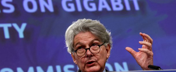 FILE PHOTO: European Internal Market and Industry Commissioner Thierry Breton speaks at a news conference in Brussels, Belgium February 23, 2023. REUTERS/Yves Herman/File Photo