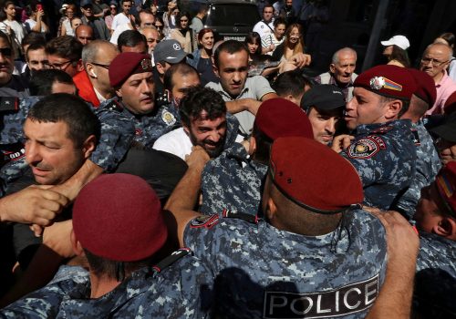 Protesters scuffle with police during a rally to demand the resignation of Armenian Prime Minister Nikol Pashinyan in Yerevan, Armenia, September 22, 2023. (Source: Vahram Baghdasaryan/Photolure via Reuters)