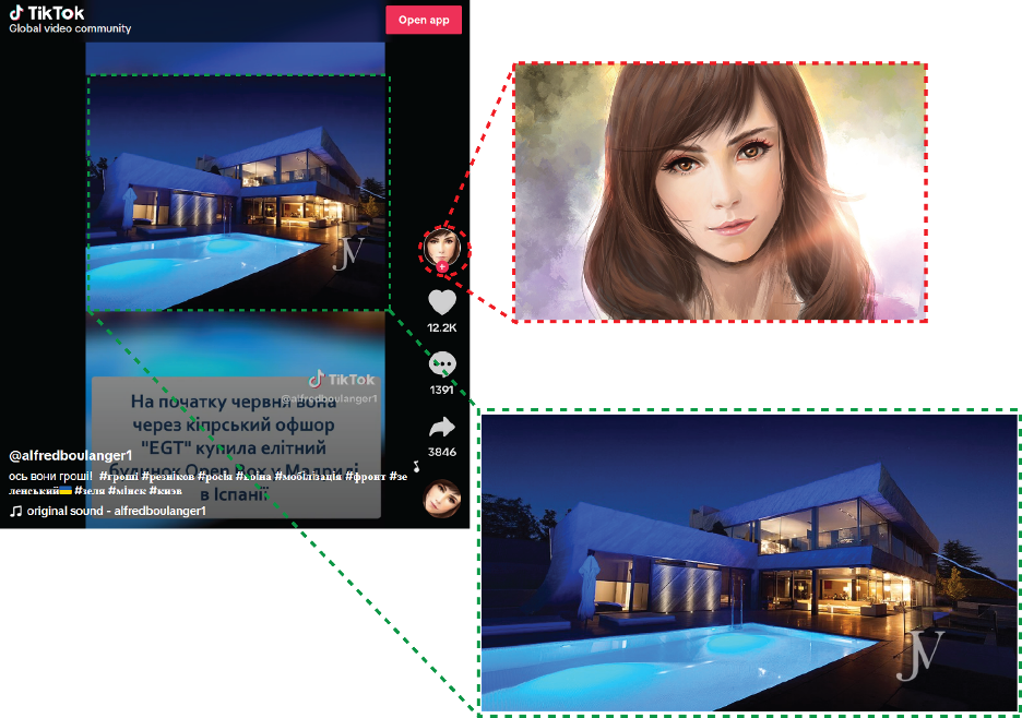 Composite image of @alfredboulanger1’s TikTok video (left) comparing its profile picture with a higher resolution of the same image (top right), highlighted in red, and the property showcased in the video with the original photo (bottom right) taken from its real estate listing, highlighted in green. 